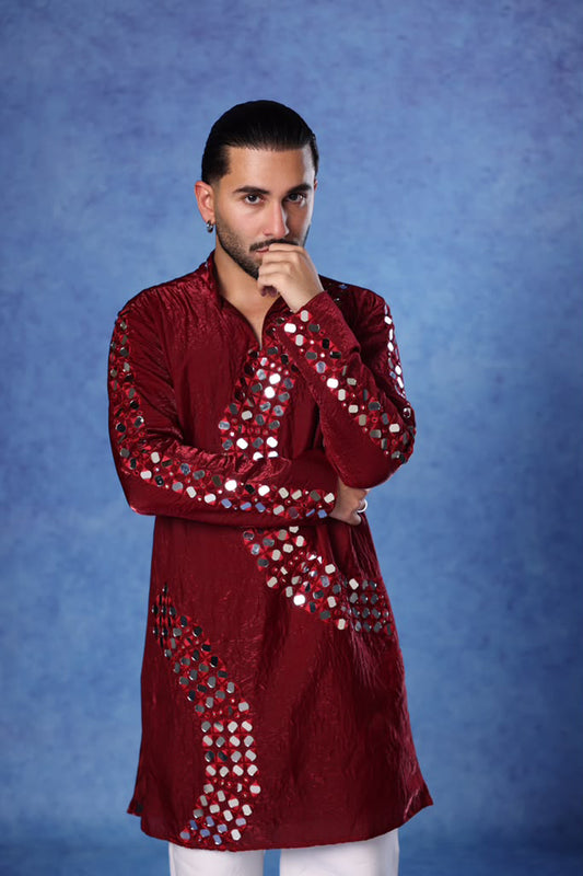 Orry in Crescent Maroon Mirror Embroidered Kurta Set