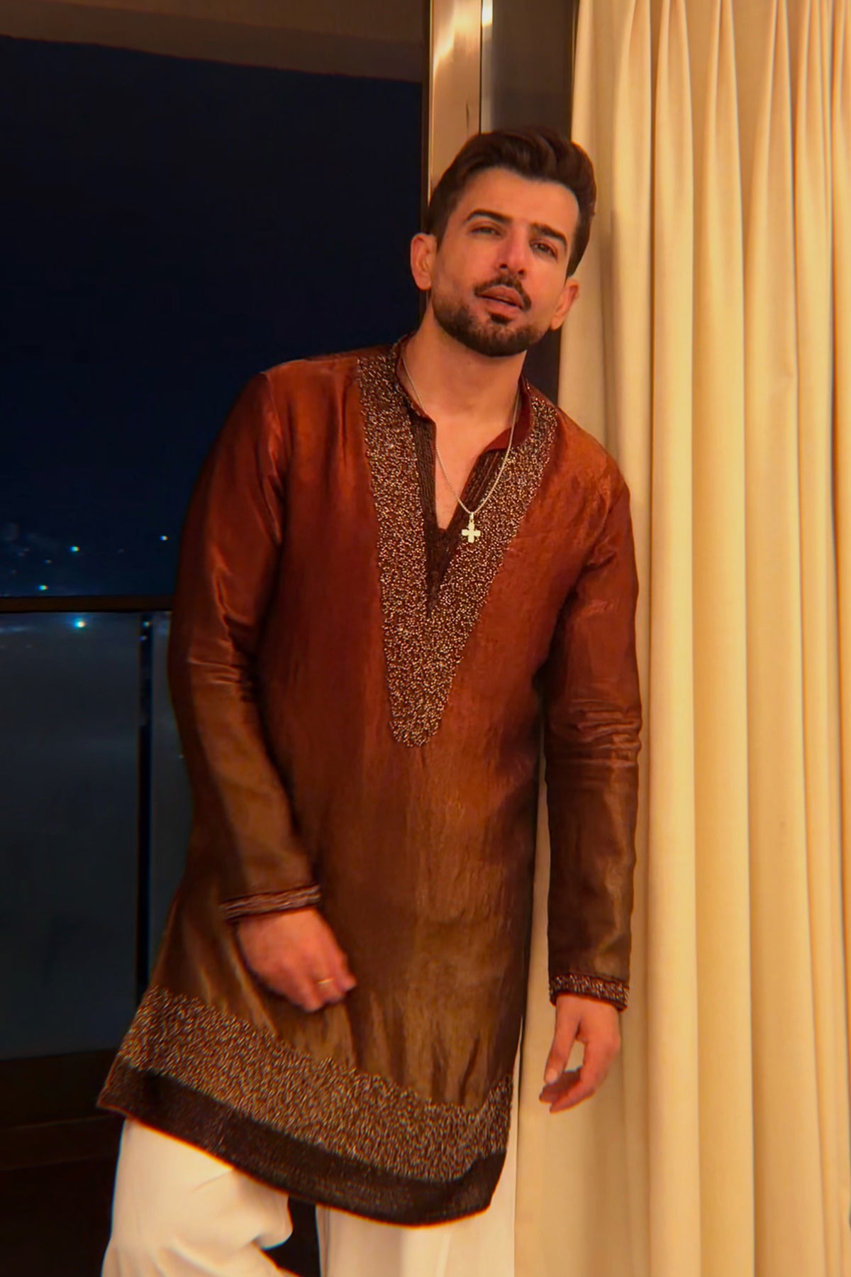 Jay Bhanushali in Sindoor Rust Ombre Bead Bordered Kurta Set