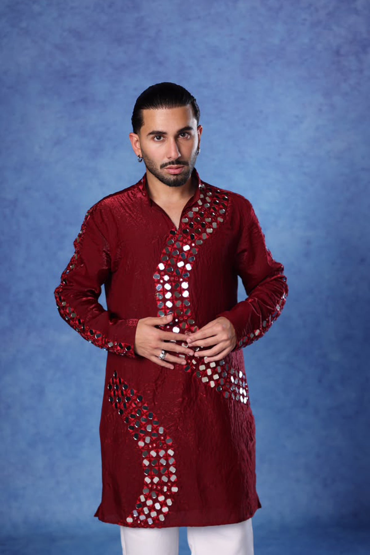 Orry in Crescent Maroon Mirror Embroidered Kurta Set