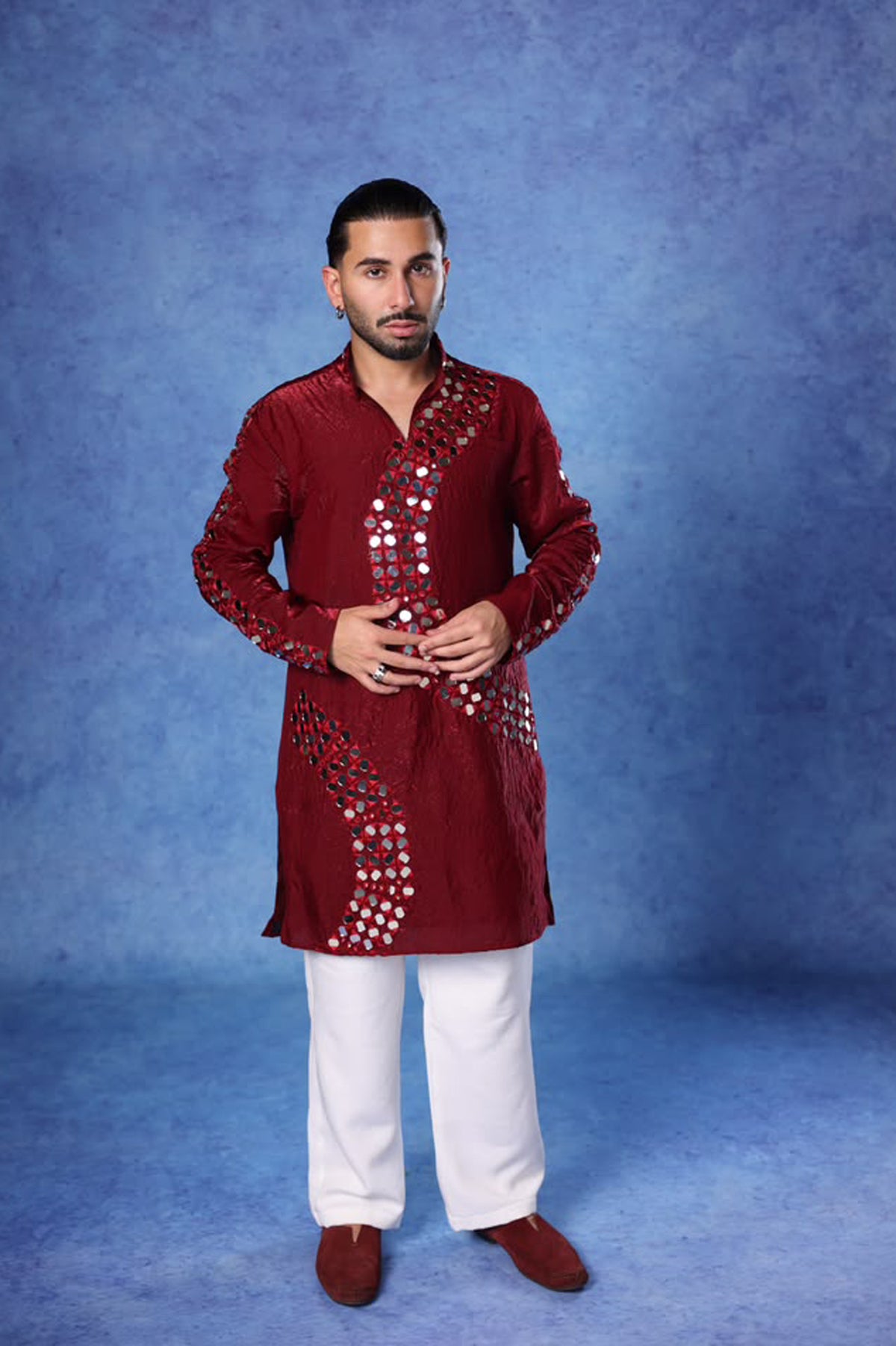 Orry in Crescent Maroon Mirror Embroidered Kurta Set