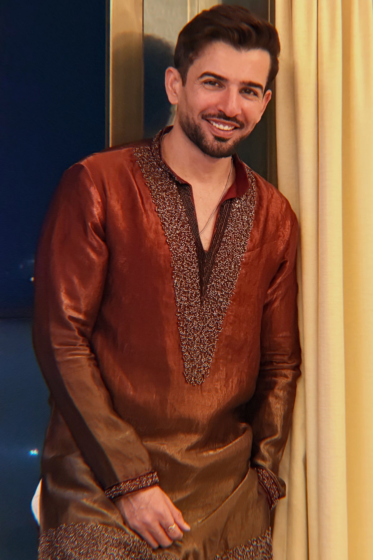 Jay Bhanushali in Sindoor Rust Ombre Bead Bordered Kurta Set