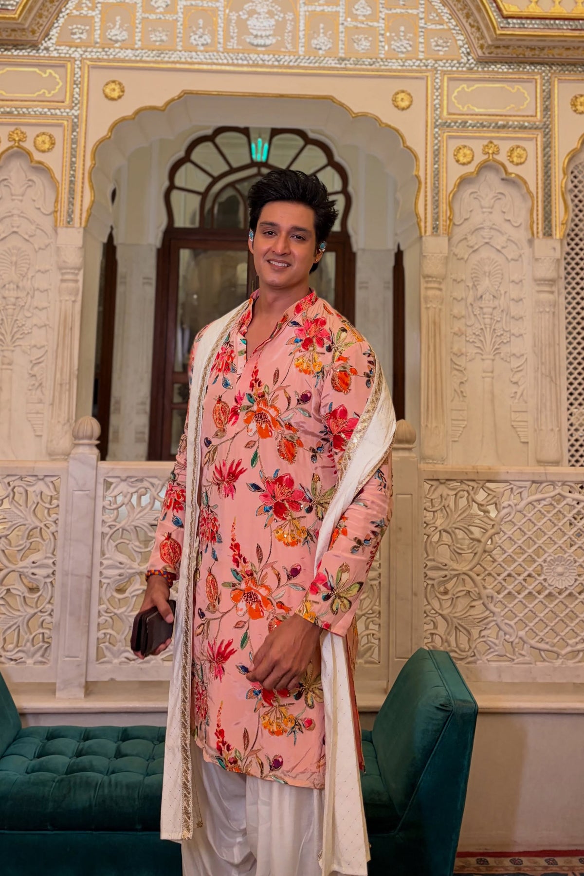 Sourabh Raaj Jain in Gulbahar Pink Bead Embroidered Kurta Set