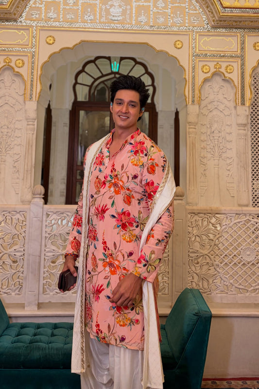 Sourabh Raaj Jain in Gulbahar Pink Bead Embroidered Kurta Set
