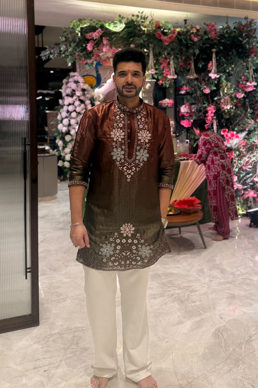 Karan Kundra in Bahar Rust Ombre Floral Bead Embroidered Kurta Set