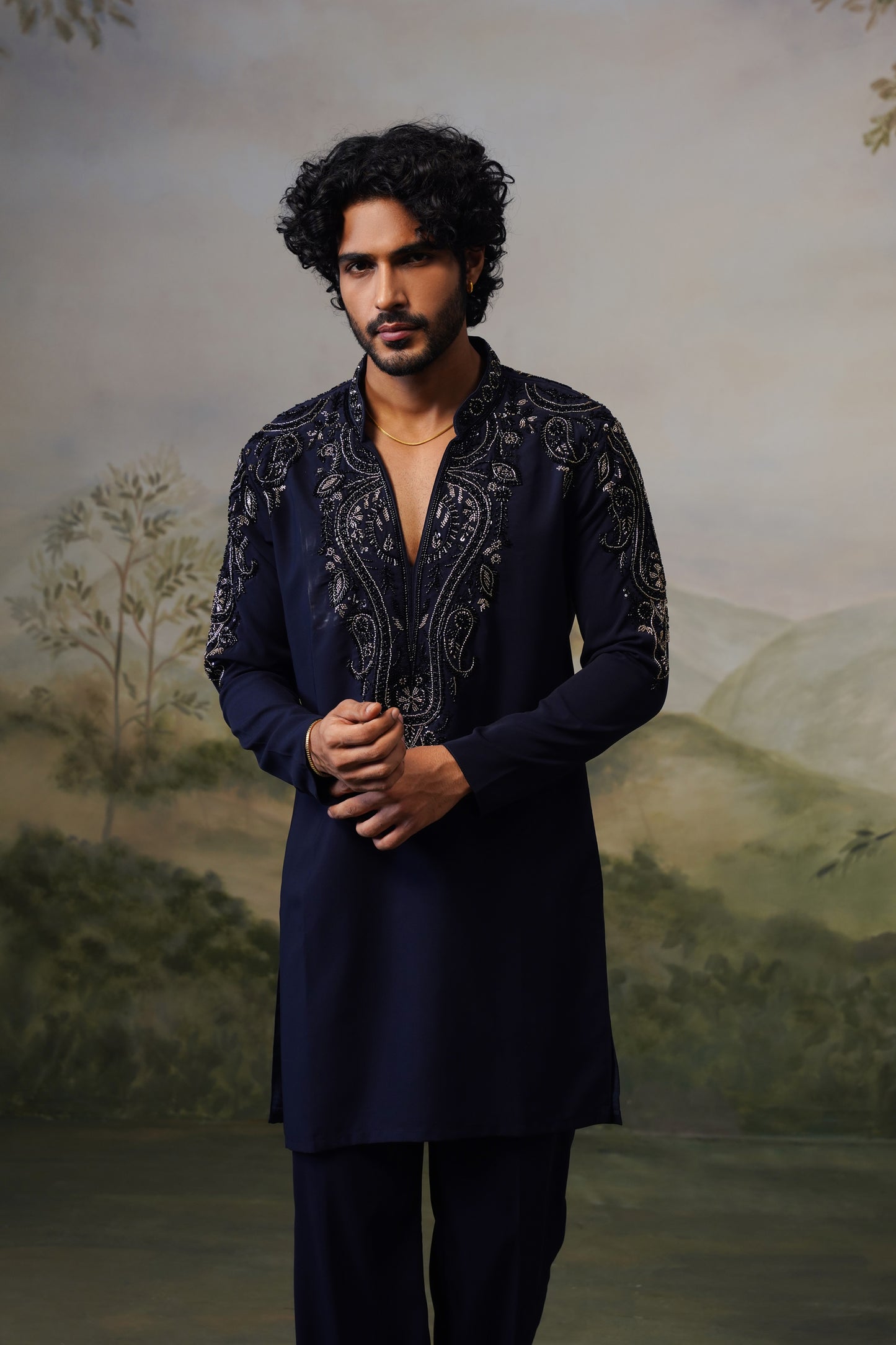 Noor Navy Paisley Bead Embroidered Kurta Set