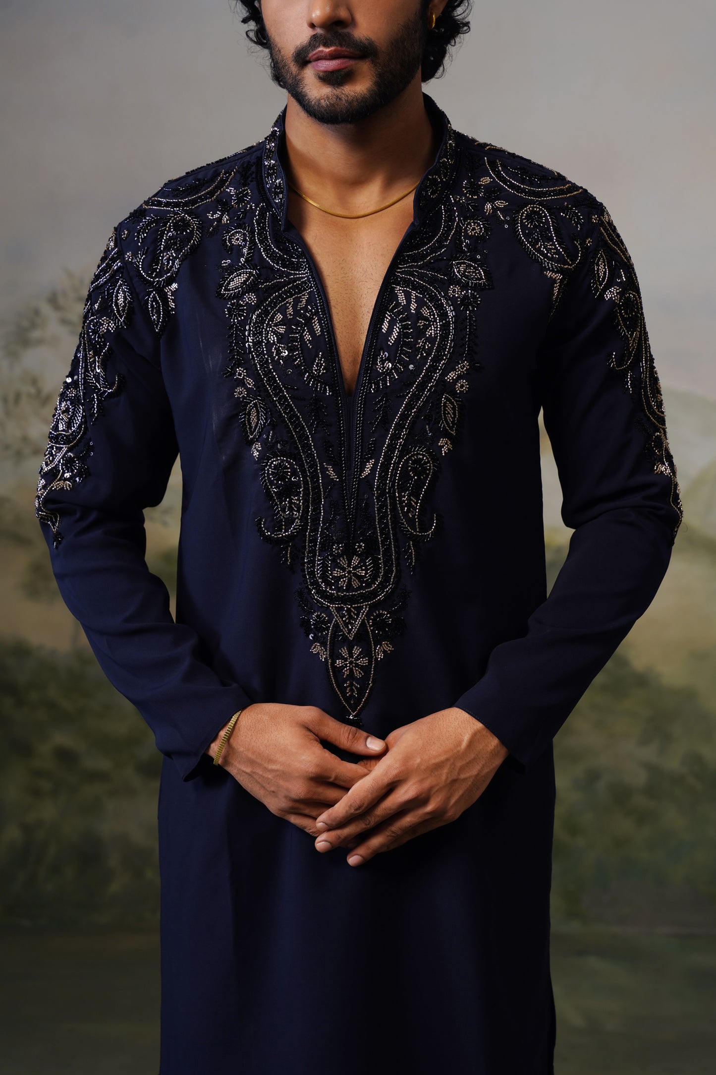 Noor Navy Paisley Bead Embroidered Kurta Set