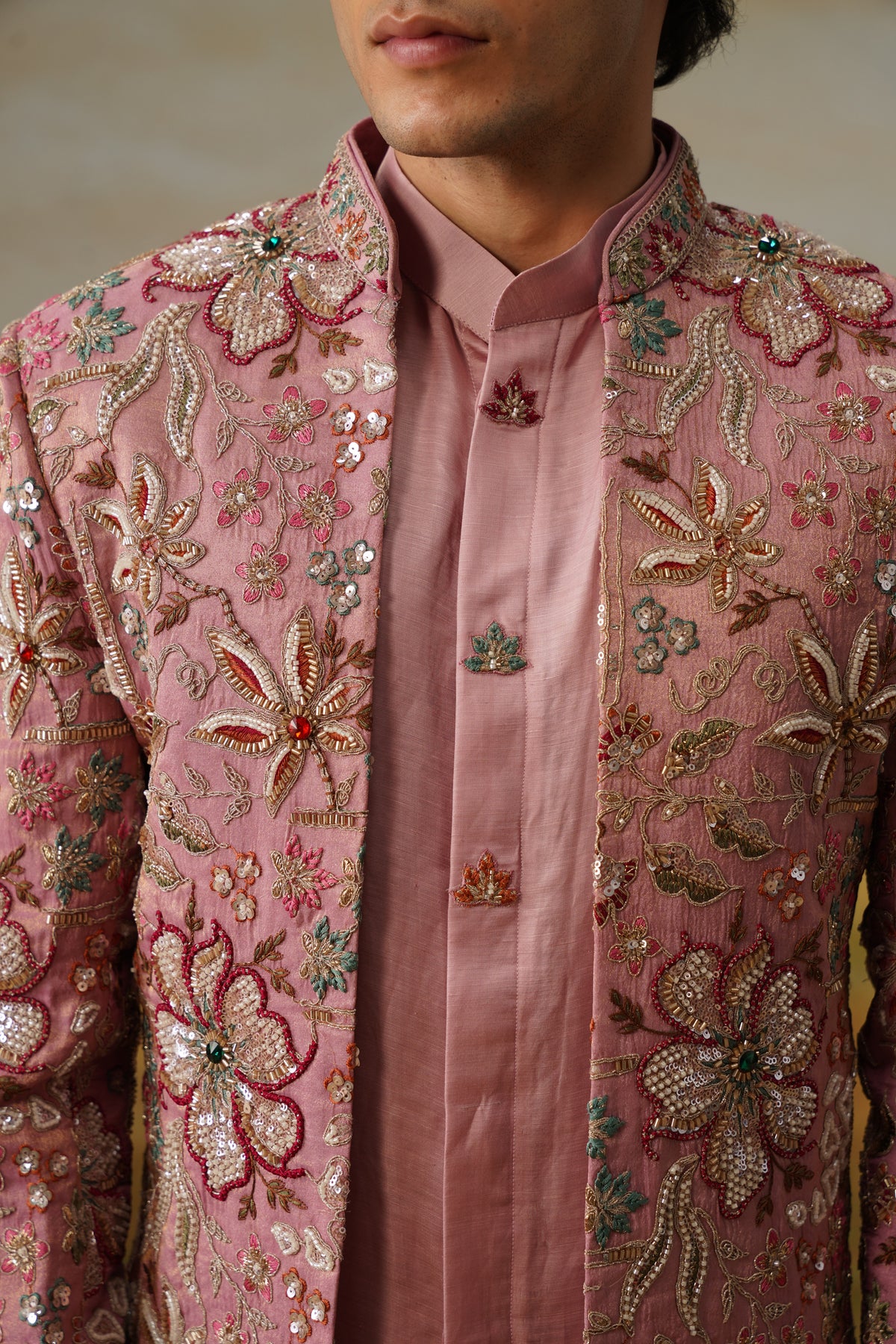 Nazakat Pink Crystal Beadwork Jodhpuri Set