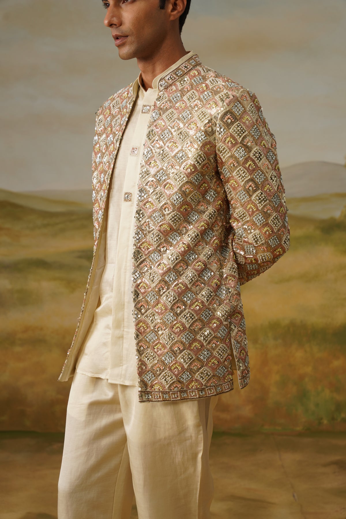 Jharokha Ivory Moti Beadwork Jodhpuri Set