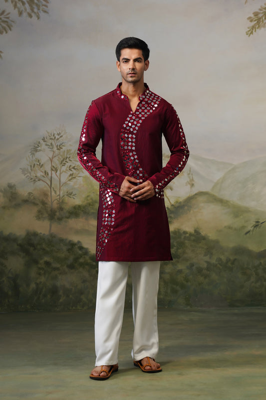 Crescent Maroon Mirror Embroidered Kurta Set