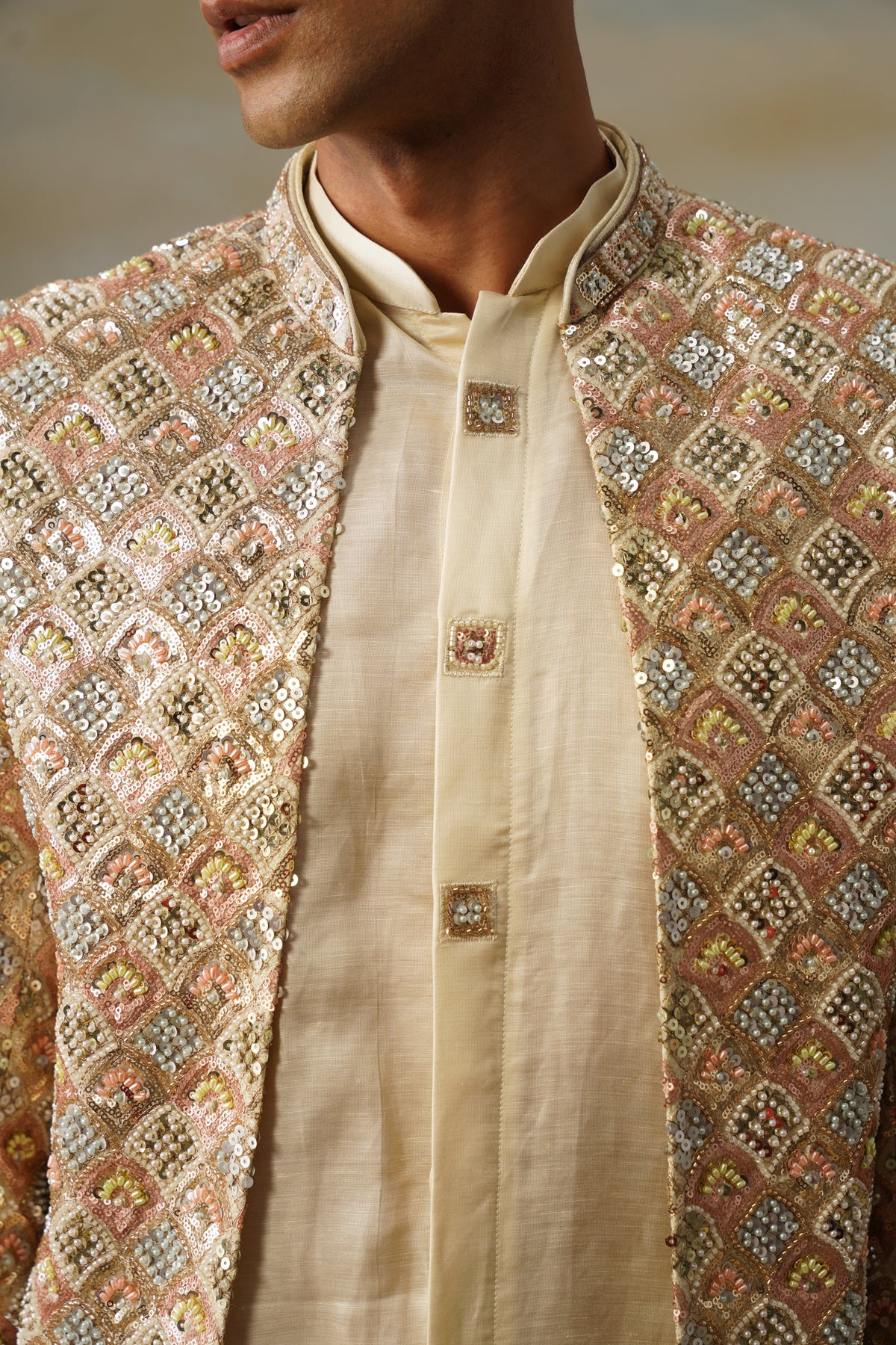 Jharokha Ivory Moti Beadwork Jodhpuri Set