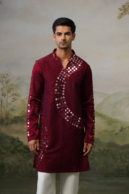 Crescent Maroon Mirror Embroidered Kurta Set
