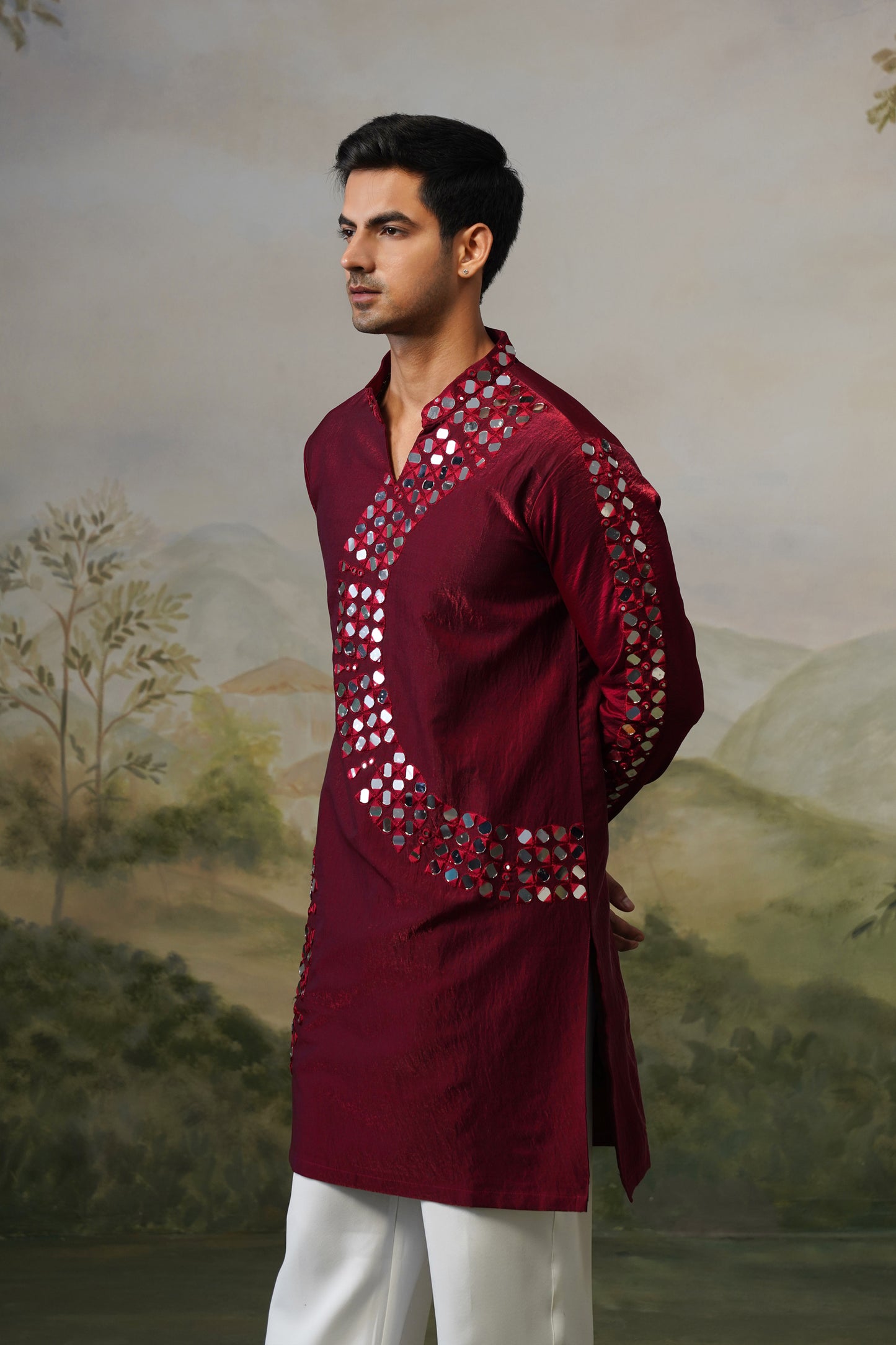 Crescent Maroon Mirror Embroidered Kurta Set
