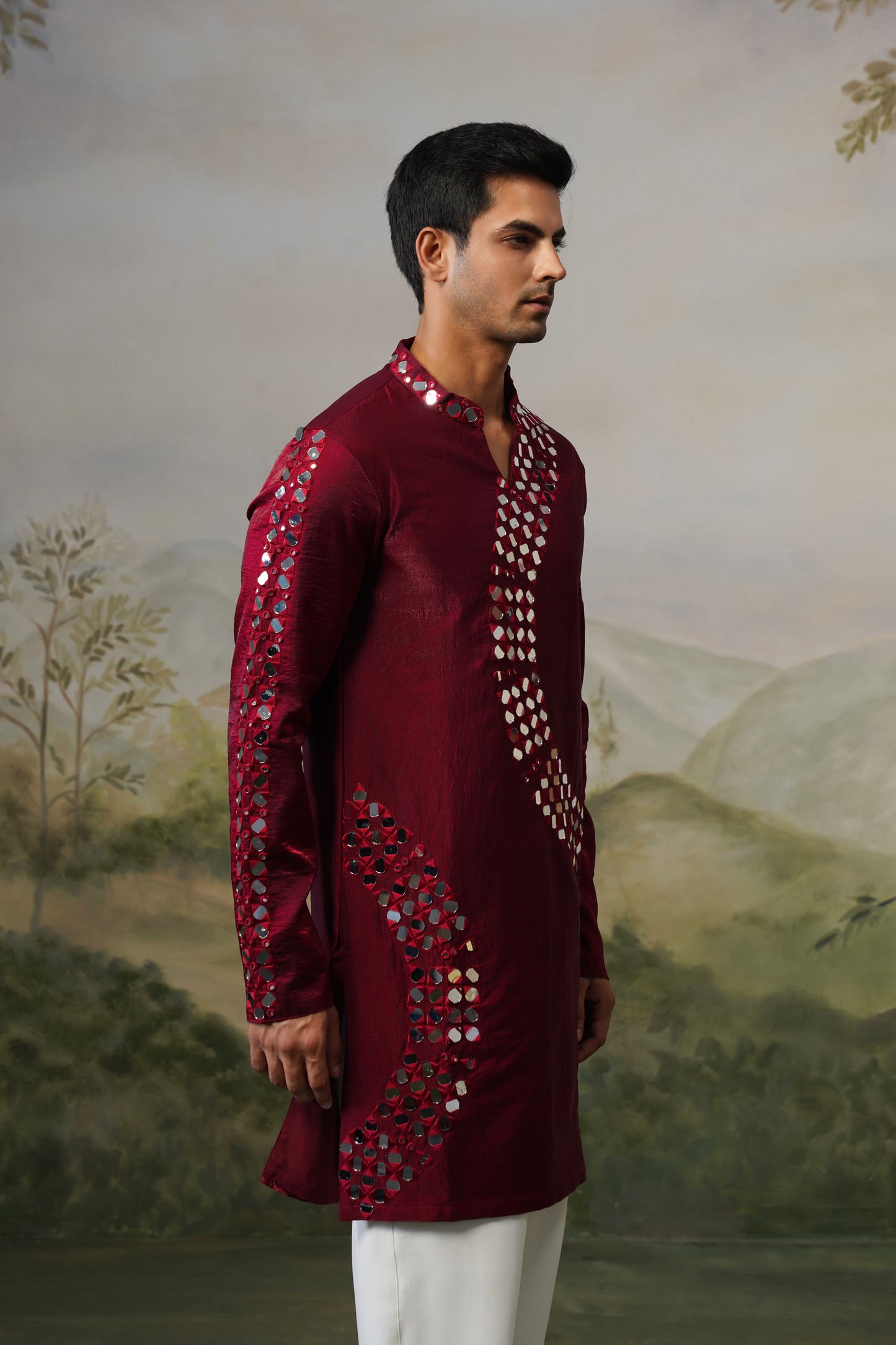 Crescent Maroon Mirror Embroidered Kurta Set