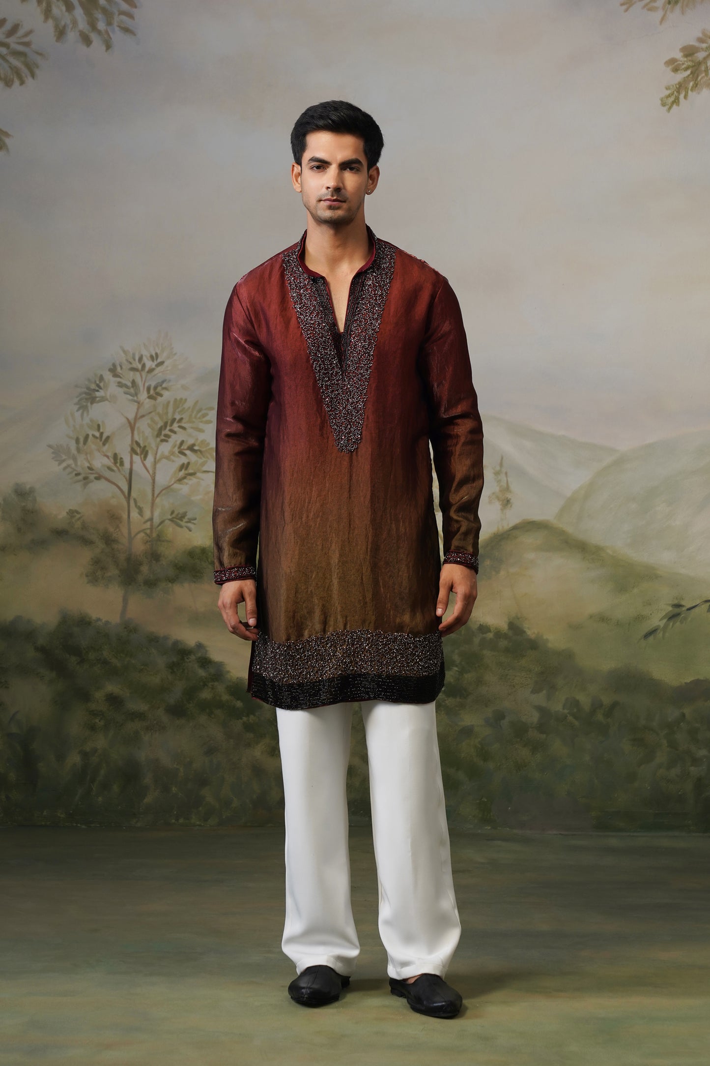 Sindoor Rust Ombre Bead Bordered Kurta Set
