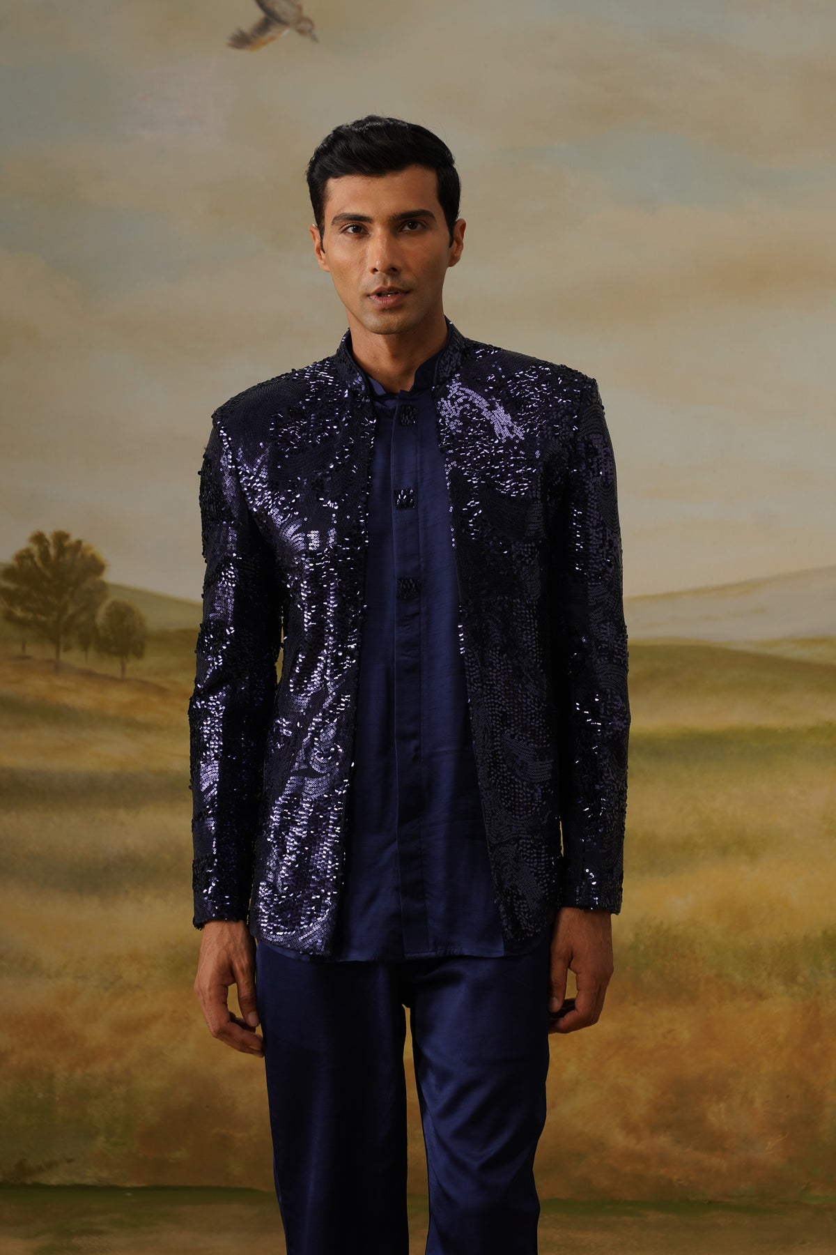 Mehtaab Navy Liquid Sequin Jodhpuri Set
