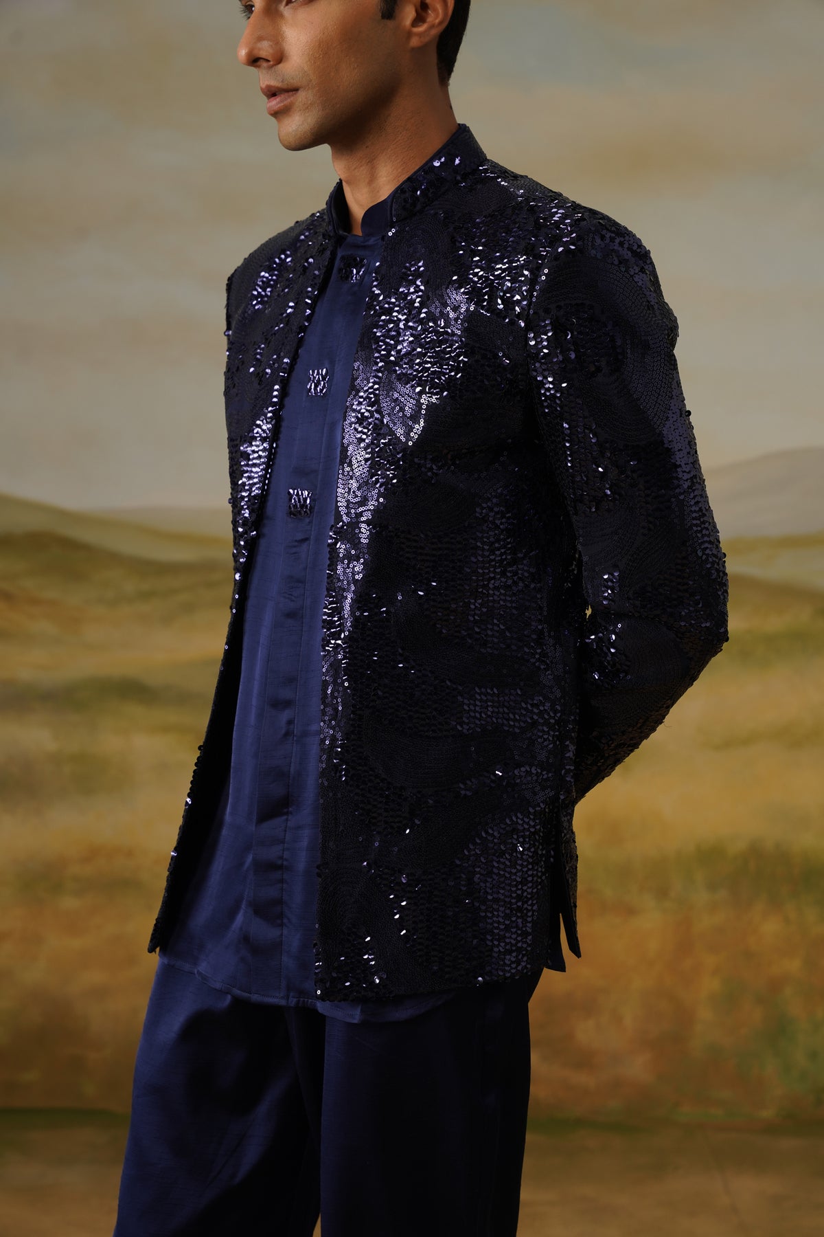 Mehtaab Navy Liquid Sequin Jodhpuri Set