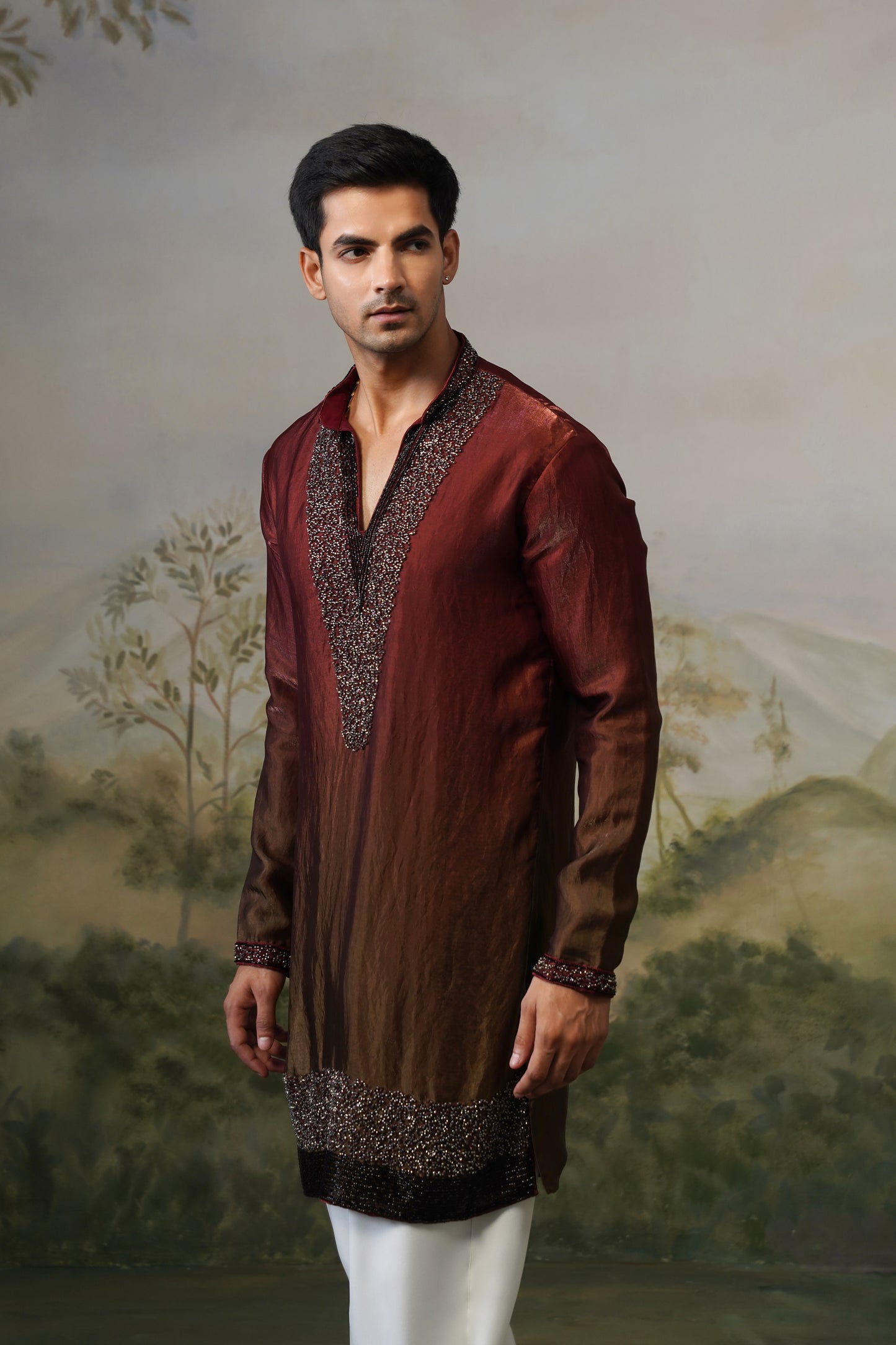Sindoor Rust Ombre Bead Bordered Kurta Set