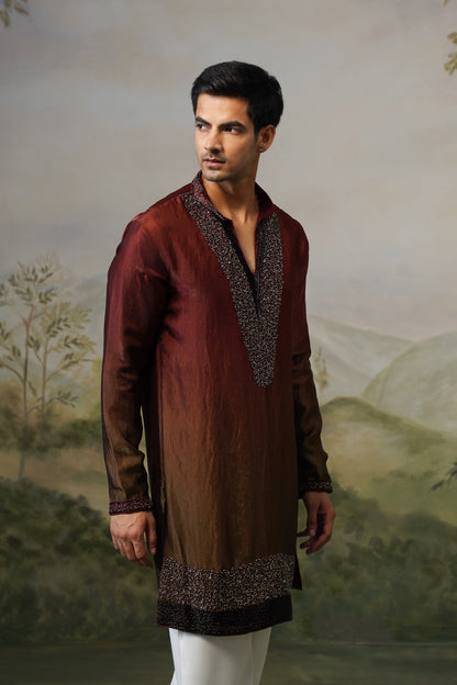 Sindoor Rust Ombre Bead Bordered Kurta Set