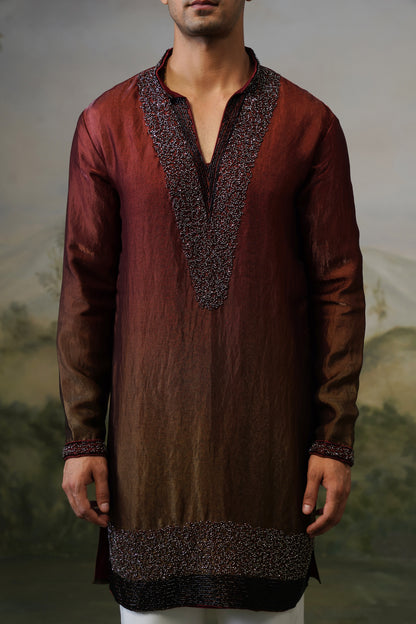 Sindoor Rust Ombre Bead Bordered Kurta Set