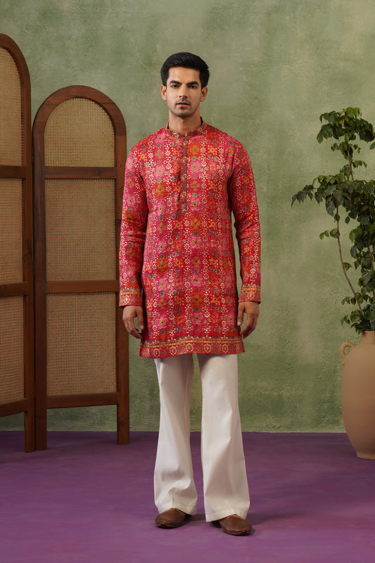 Gulal Red Jacquard Print Kurta Set