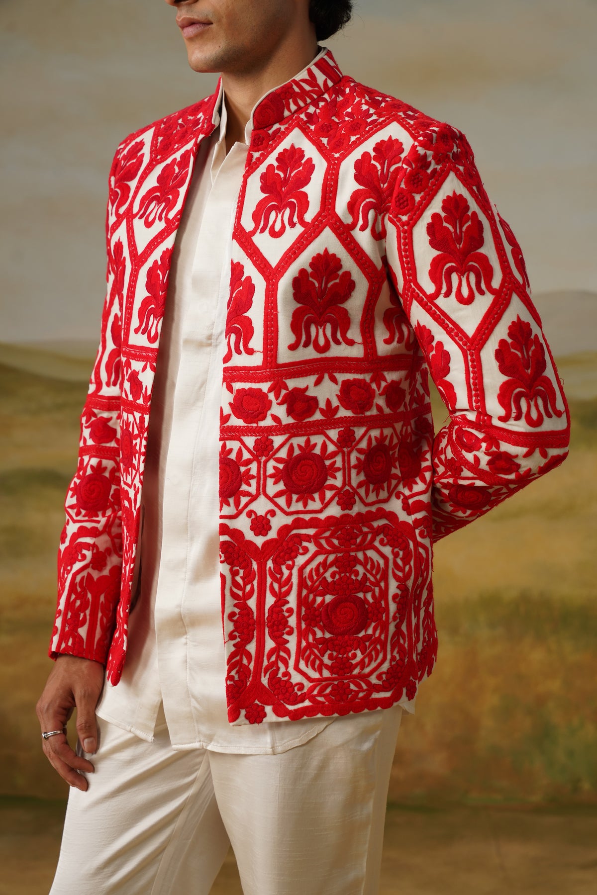 Hina Red Aari Threadwork Jodhpuri Set