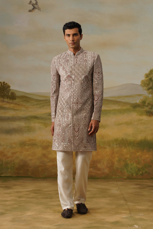Darbaar Taupe Resham Zari Embroidered Sherwani Set