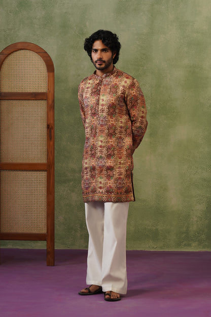 Rangeen Olive Multicolor Jacquard Print Kurta Set