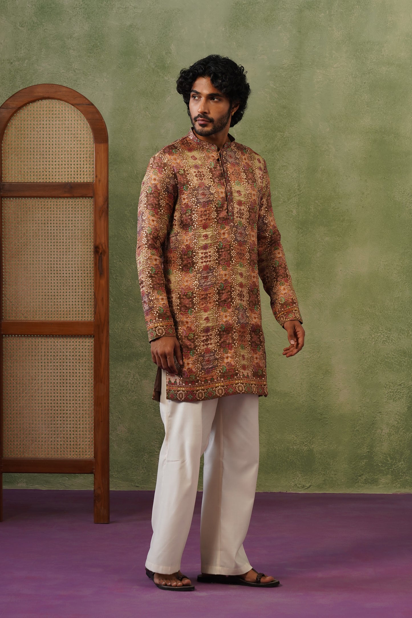 Rangeen Olive Multicolor Jacquard Print Kurta Set