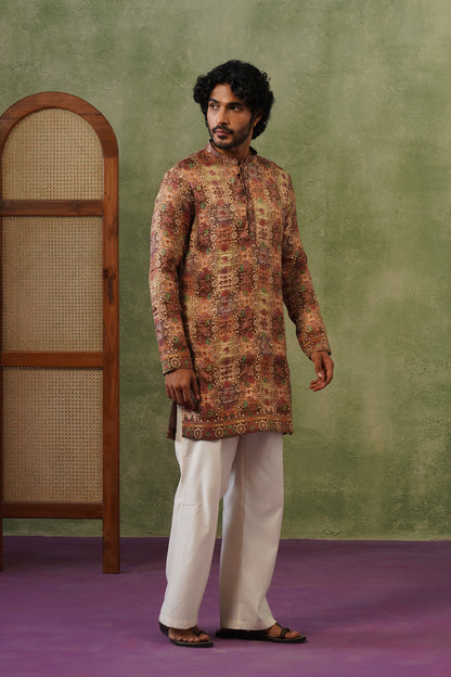 Rangeen Olive Multicolor Jacquard Print Kurta Set
