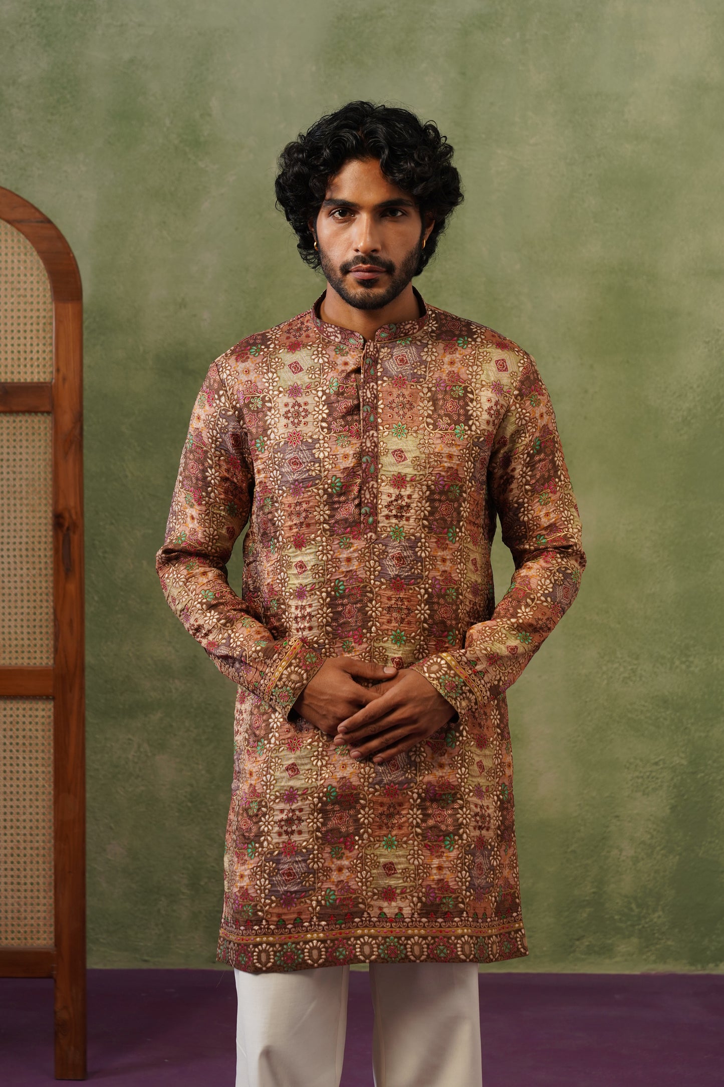 Rangeen Olive Multicolor Jacquard Print Kurta Set