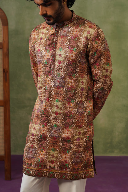 Rangeen Olive Multicolor Jacquard Print Kurta Set