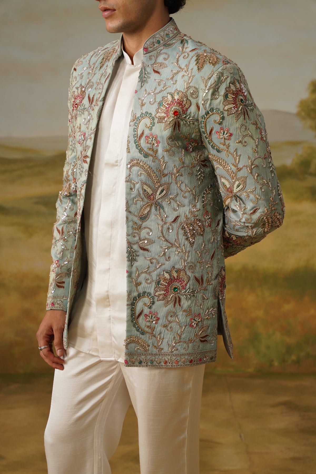 Firdaus Aqua Dabka Beadwork Jodhpuri Set