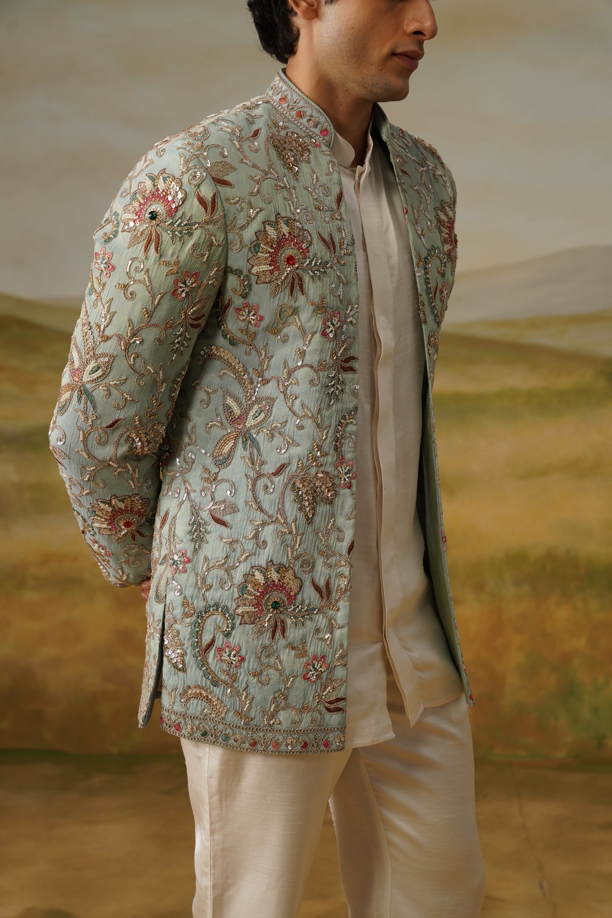 Firdaus Aqua Dabka Beadwork Jodhpuri Set
