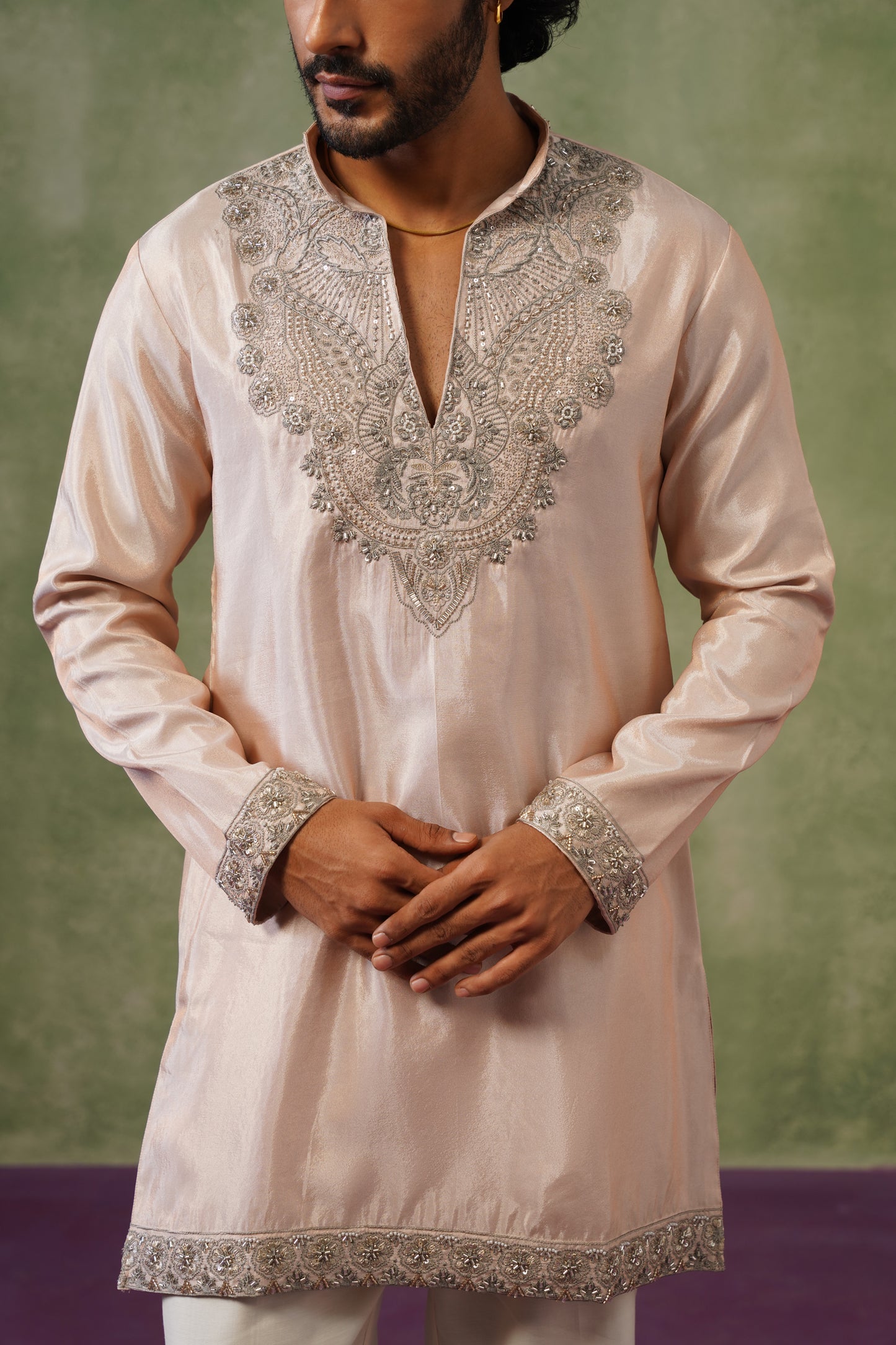 Roshan Blush Silver Bead Embroidered Kurta Set