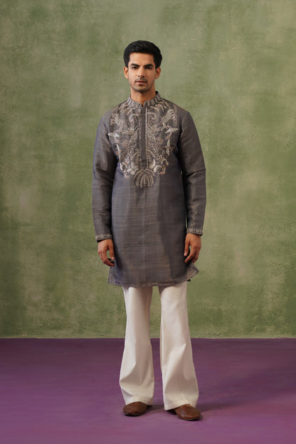 Dhuan Charcoal Silver Bead Embroidered Kurta Set