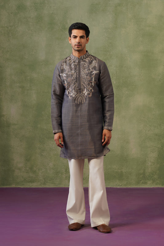 Dhuan Charcoal Silver Bead Embroidered Kurta Set