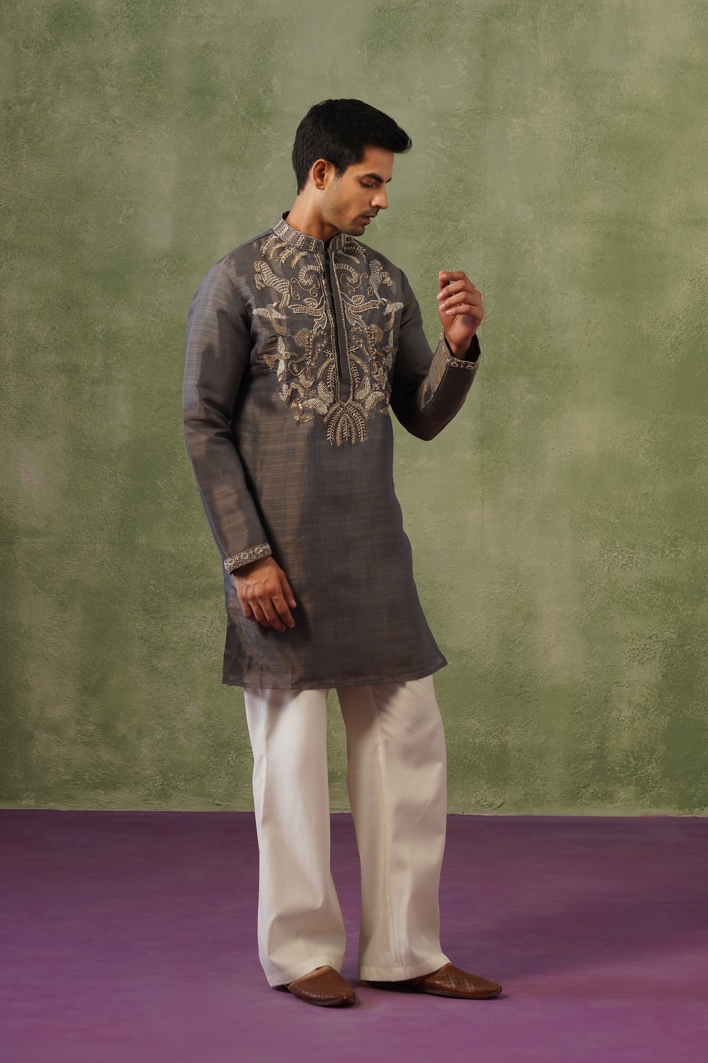 Dhuan Charcoal Silver Bead Embroidered Kurta Set