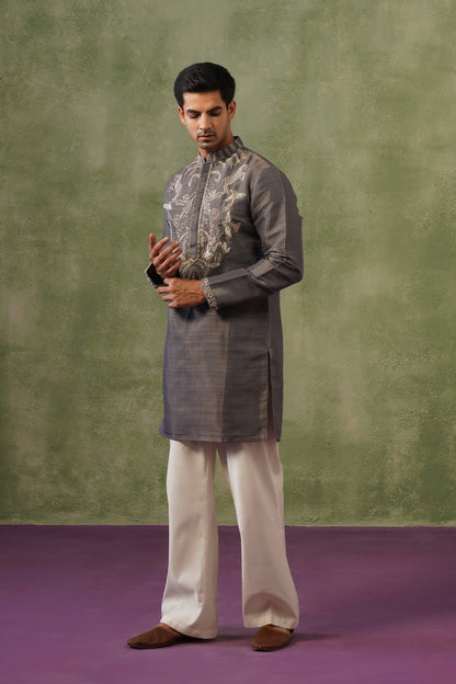 Dhuan Charcoal Silver Bead Embroidered Kurta Set