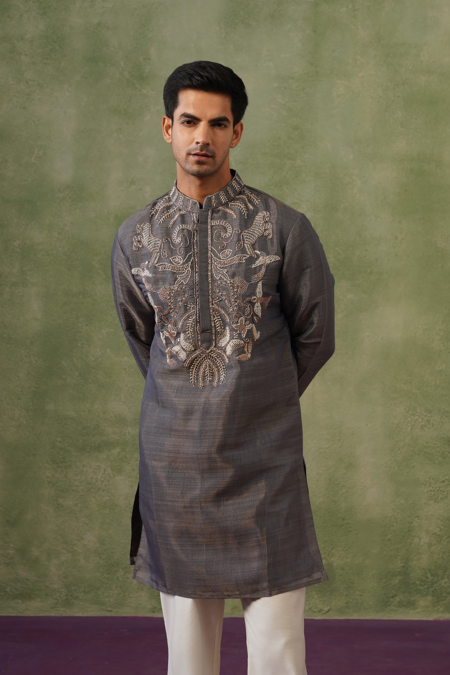 Dhuan Charcoal Silver Bead Embroidered Kurta Set
