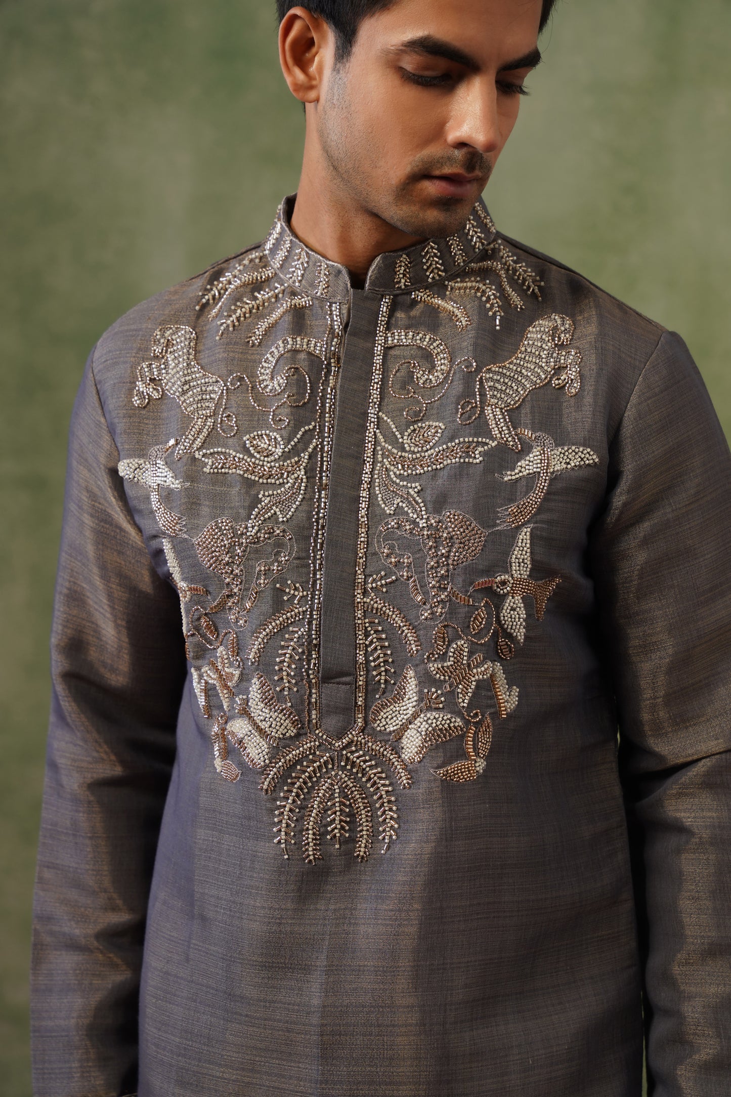 Dhuan Charcoal Silver Bead Embroidered Kurta Set