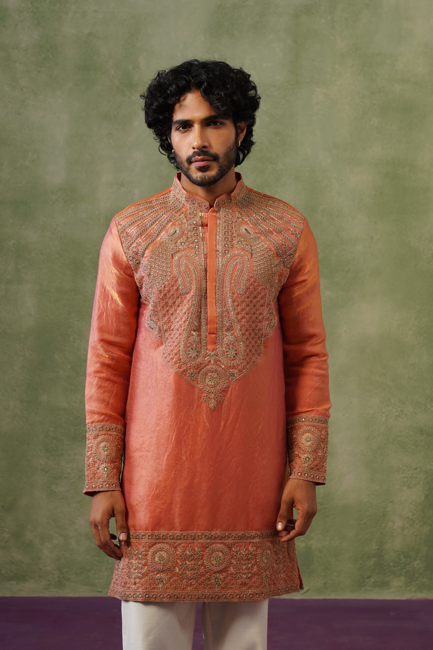 Kesar Peach Cord Threadwork Kurta Set
