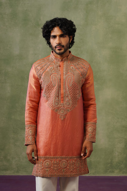 Kesar Peach Cord Threadwork Kurta Set