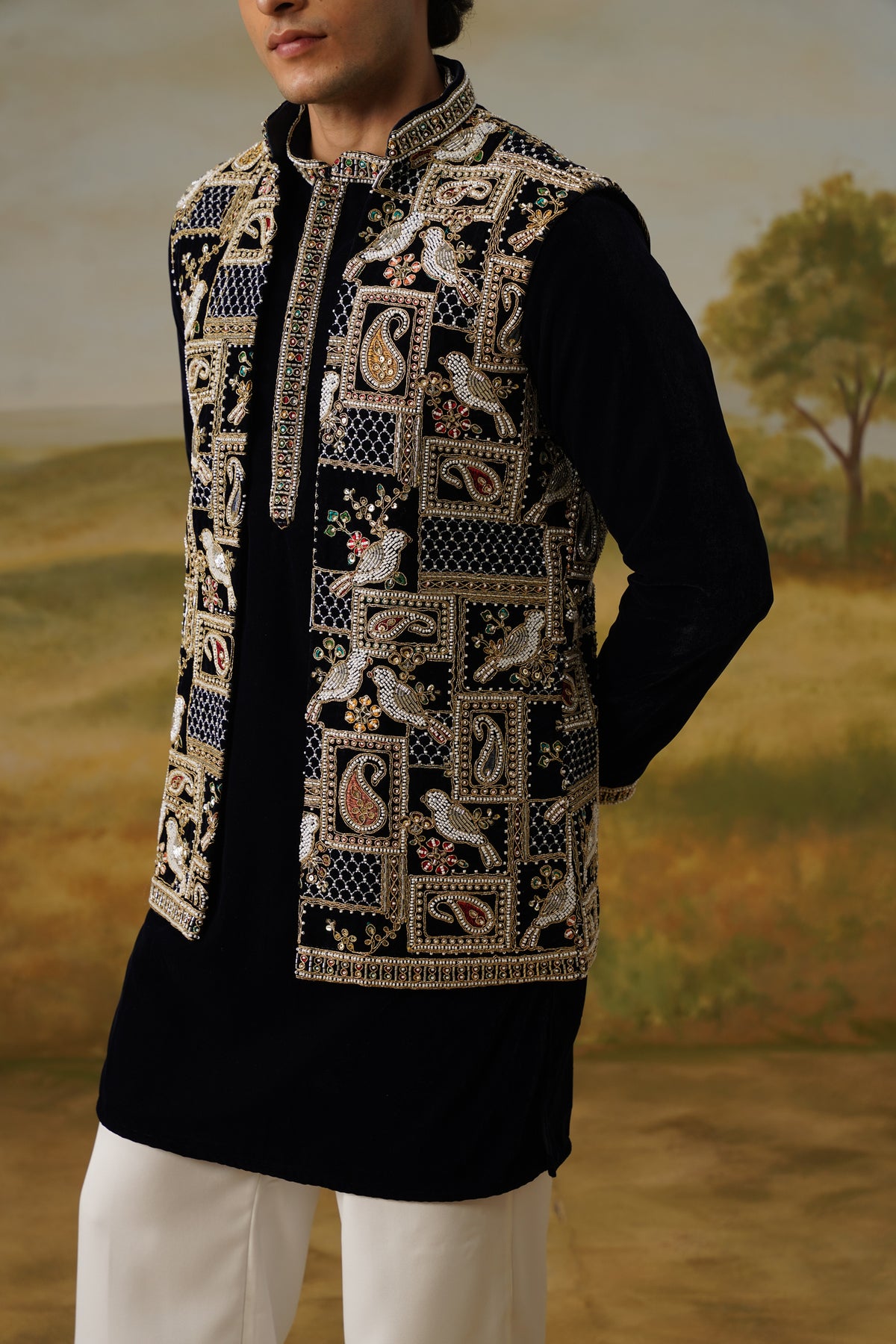 Shahbaz Black Velvet Nakshi Beadwork Kurta Jacket Set