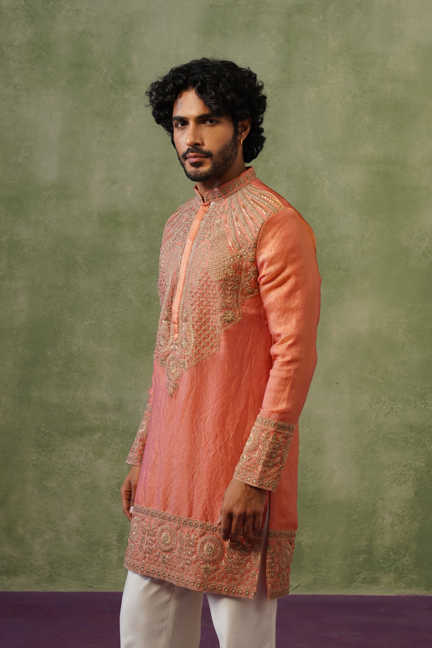 Kesar Peach Cord Threadwork Kurta Set
