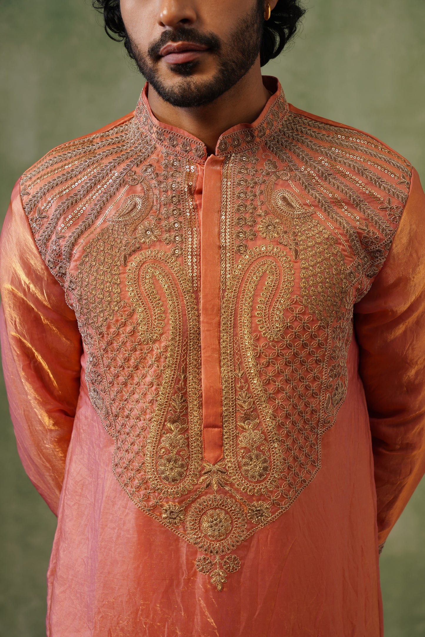 Kesar Peach Cord Threadwork Kurta Set