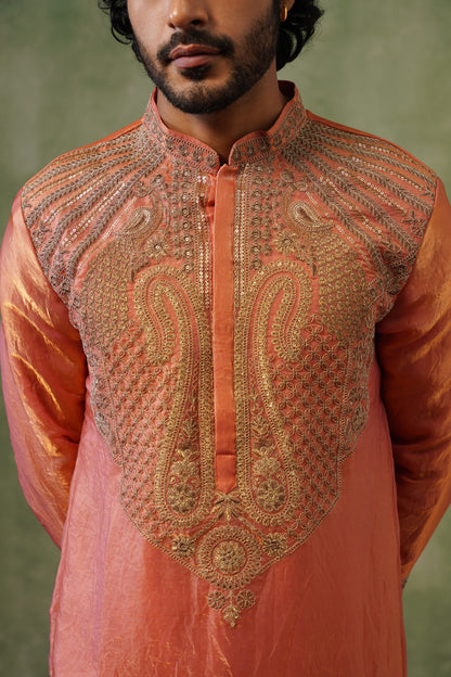 Kesar Peach Cord Threadwork Kurta Set