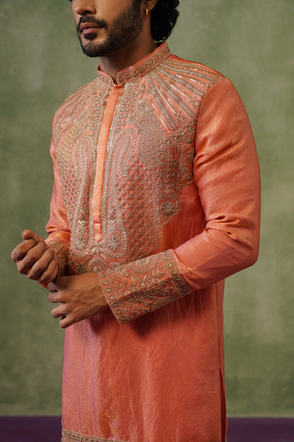 Kesar Peach Cord Threadwork Kurta Set
