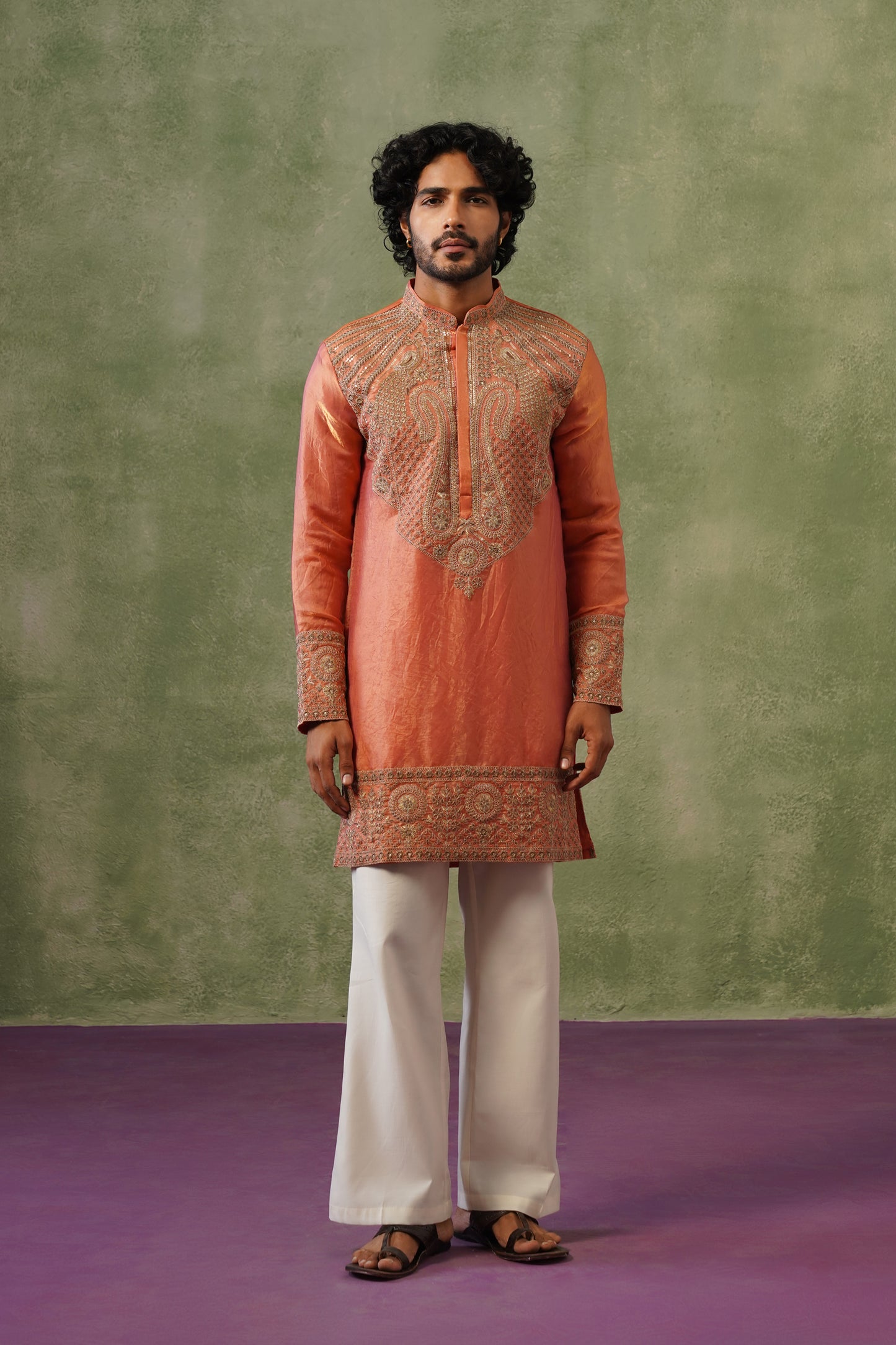 Kesar Peach Cord Threadwork Kurta Set