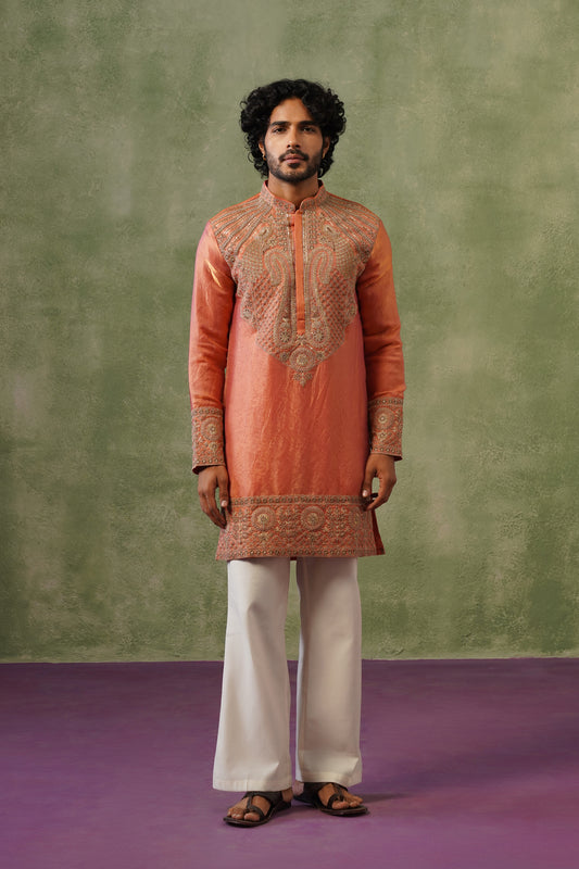 Kesar Peach Cord Threadwork Kurta Set
