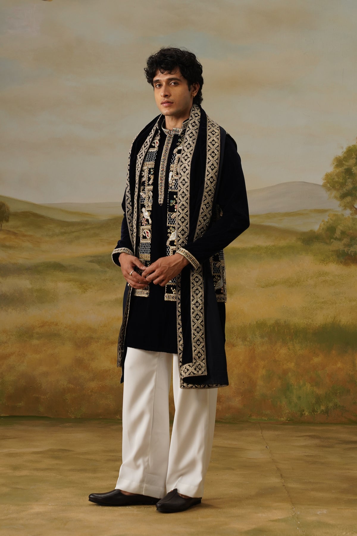 Shahbaz Black Velvet Nakshi Beadwork Kurta Jacket Set